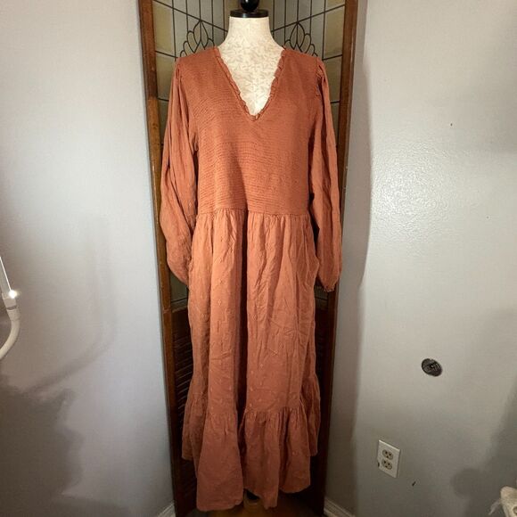 Old Navy Fit & Flare Midi Dress Smocked Clip-Dot Warm Hickory Plus Size XXL - Picture 2 of 15